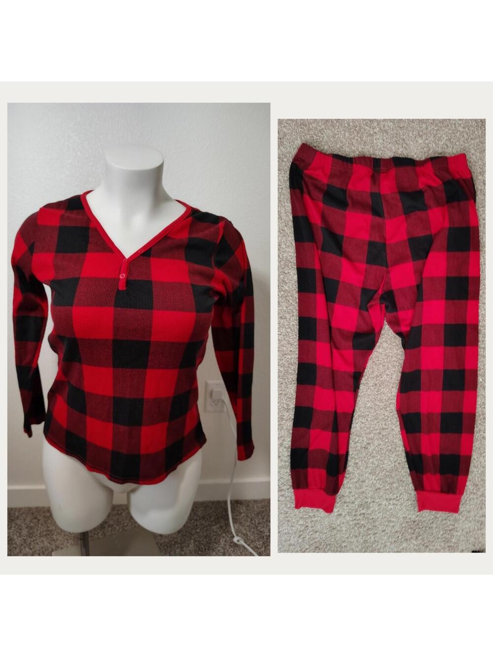 PJ Place Women XL Pijamas Black Red lumber Shirt pants set long sleve Christmas